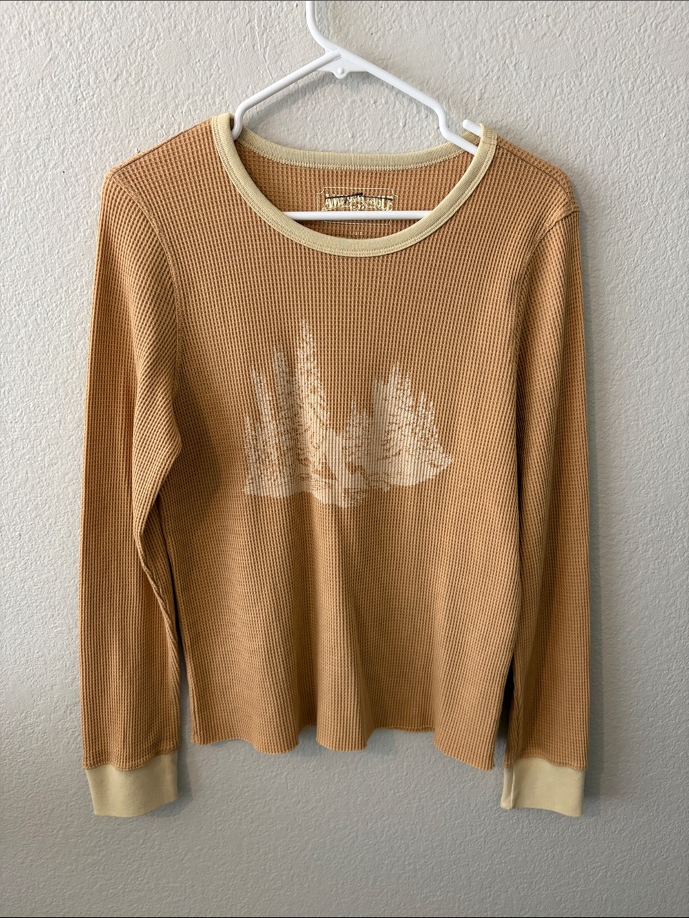 NWOT American Eagle Outfitters Camel Waffle-Knit Crew with Cream Forest Graphic